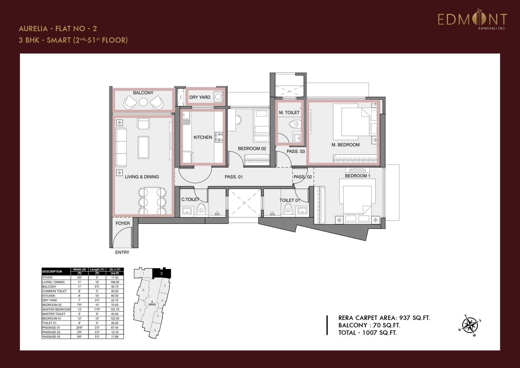 Sheth-Edmont-Aurelia-Kandivali West - Flat - 3 BHK - 1007 sqft - Floor Plan - ProptyHub