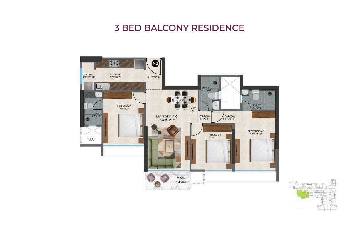 Sunbeam Heights at Andheri West, Mumbai - By Sun Beam High Tech Developers - Flat - 3 BHK - 1005 sq. ft. - Floor Plan - Proptyhub